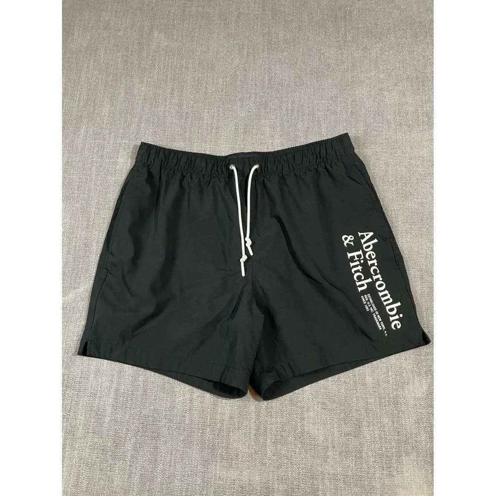 Abercrombie‎ & Fitch Mens Black Logo Swim Trunks 5 Inch Inseam XL Stretch